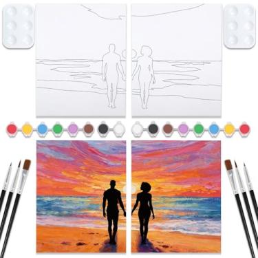 Imagem de VOCHIC Kit de pintura para casais para festas, tela pré-desenhada para pintura para adultos, jogos noturnos, encontros noturnos, pacote com 2 (casal romântico, 20 x 25 cm)
