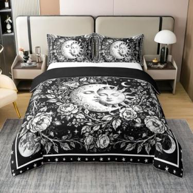 Imagem de Erosebridal Conjunto de capa de edredom gótico sol e lua 100% algodão | Conjunto de cama de solteiro boêmio para meninas, conjunto de cama floral vintage galáxia preto decoração gótica