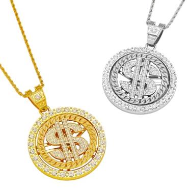 Imagem de RQSP Colar masculino com pingente gelado | Corrente de elos cubanos de ouro e prata de 55 cm com diamante e zircônia brilhante | Presentes de joias hip hop para homens/pais, 22inch, Aço inoxidável