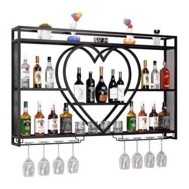 Imagem de Rack de vinho industrial montado na parede - Prateleiras de bar flutuante de metal com suporte de vidro, grande prateleira de exibição de garrafa de licor para bar doméstico, 140 x 15 x 80 cm, solução