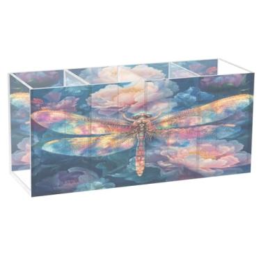 Imagem de Burbuja Porta-canetas de acrílico Dragonfly Flowers, 4 compartimentos, suporte de lápis transparente para pincéis de maquiagem, acessórios de mesa de escritório em casa