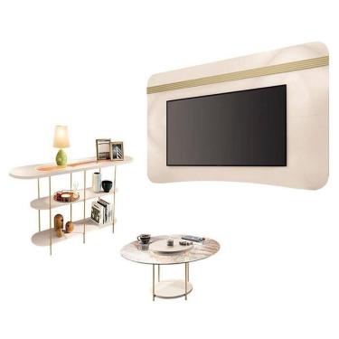 Imagem de Painel Suspenso Armony Com Mesa De Centro Sky Com Tampo De Vidro E Aparador Infinity Off White Champanhe - Hb Móveis