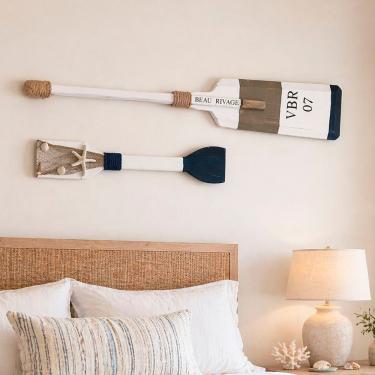Imagem de Remos Decorativo Enfeite de Parede Kit 2 Pecas Madeira Estilo Nautico para Casa Praia Branco