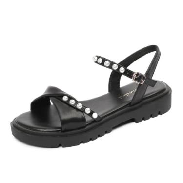 Imagem de Sandálias femininas de verão estilo fada uma palavra sandálias de cinto moda plana com sola grossa, Preto 16, 36 BR