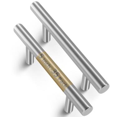 Imagem de Pacote com 35 puxadores de armário em níquel escovado de 12,7 cm de aço inoxidável para armários de cozinha, gaveta, porta ou armário, ferragens modernas decorativas para armários compatíveis com diferentes estilos de armário