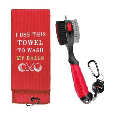 Imagem de Amagogo Clube de golfe escova sulco ferramentas de limpeza escova de limpeza de golfe dupla face bola de golfe mais limpo com clipes retráteis toalha de golfe, Vermelho