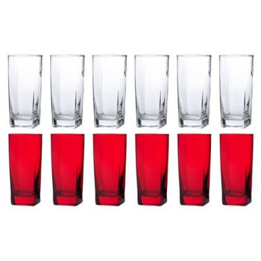 Imagem de Kit 12 Copos de Vidro 320ML 6+6 Vermelho e Transparente Suco - PRATICA
