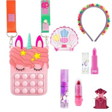 Imagem de Kit de Maquiagem Infantil Unissexo - Criativa Store: Bolsa Unicórnio + Batom, Brilho Labial, Mini Batom, Estojo de Sombras + Tiara Pompom Coloridos - Rosa