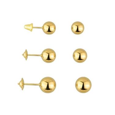 Imagem de Kit 3 Pares de Brinco Trio Em Ouro 18k Bola 6mm 5mm 4mm - Agaprime Jói