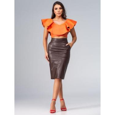 Imagem de Saia Miuccia Couro Legítimo Pele Mania - PM4502, Marrom shiny, 38