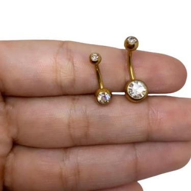 Imagem de Piercing Titânio Umbigo duas Pedras Zircônia - RaraSteel, Dourado