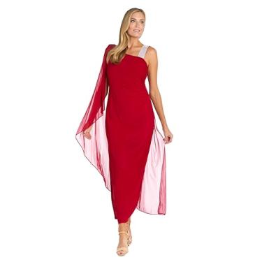 Imagem de R&M Richards Vestido longo de um ombro só com alça de strass transparente e fenda lateral, Vermelho, 40