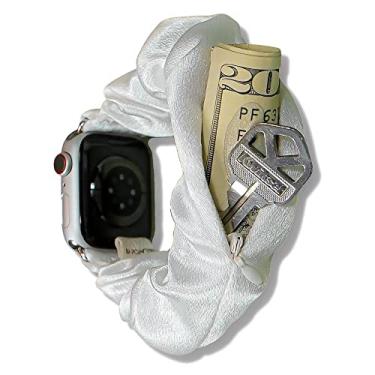 Imagem de Smunchys Pulseira elástica feminina compatível com Apple Watch com bolso com zíper, 38 mm, 40 mm, 41 mm, 42 mm, 44 mm, 45 mm, macio, fofo, elástico, ajustável para mulheres iWatch Series 8, 7, 6, 5, 4, 3, 2, 1, SE, com bolso com zíper, itens pequenos, chaves, dinheiro