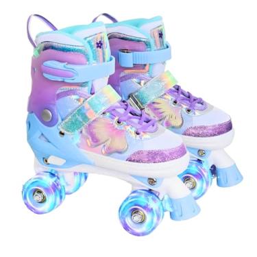 Imagem de Patins Infantil Cano Alto, 8 Rodas Iluminadas com LED e 4 Tamanhos Ajustáveis, Patins Quad com Bolsa de Armazenamento, patins de fileira dupla para meninas (Quad Borboleta, P (28 ao 32))