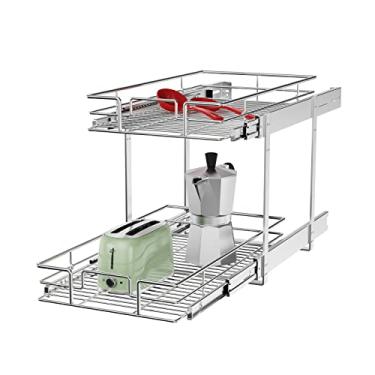 Imagem de ROOMTEC Organizador de armário individual (28 cm L x 53 cm D), organizador de temperos de 2 camadas para armário, organizador de prateleira de despensa de gaveta deslizante e armazenamento para cozinha e banheiro
