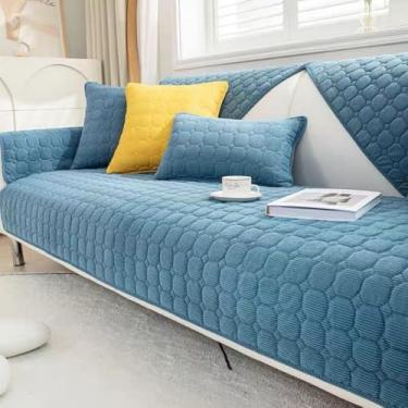 Imagem de Capas de sofá acolchoadas com estampa quadriculada para proteção de móveis, protetor de móveis de estilo moderno, capa de sofá de cor sólida para cães, crianças - azul | 1 fronha (114 x 114)