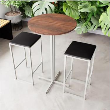 Imagem de Conjunto Mesa Alta Bar Bistrô Redonda Imbuia 2 Bancos Estofado Industrial White (Preto)
