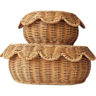 Imagem de Cesta de vime, 2 peças, cesta recortada, feita à mão, de vime, grande capacidade, perfeita para quarto, sala de estar, Natal, frutas, doces, biscoitos, decoração, armazenamento