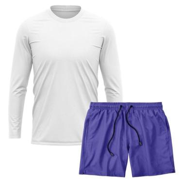 Imagem de Kit Camiseta Manga Longa Dry Branca + Short Tactel Academia Caminhada Gênero:Homem;Tamanho:G;Cor:-Masculino