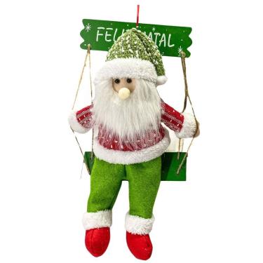 Imagem de Papai Noel Gangorra Madeira Pelúcia Tricô Xadrez Vermelho E Verde 40cm - Magizi