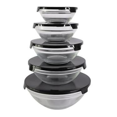 Imagem de Conjunto de 5 Potes de Vidro Herméticos com Tampa Preta, Tigelas Empilháveis para Cozinha