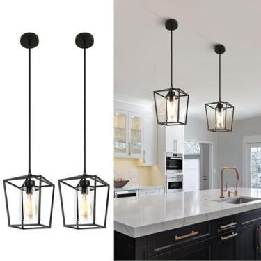 Imagem de PAKOKULA Pacote Com 2 Luminárias Pendentes Pretas, 1 Luminária, Luzes De Fazenda, Ilha Cozinha, Lanterna, Gaiola Ferro, Suspensa Cúpula Vidro Transparente Para Entrada, Sala Jantar, Corredor, Varand
