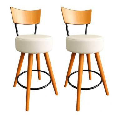 Imagem de Kit 2 Banqueta Alta Cozinha Estofada Off-White Com Encosto Madeira Urb
