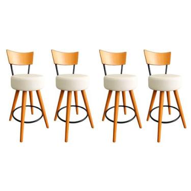 Imagem de Kit 4 Banqueta Alta Cozinha Estofada Off-White Com Encosto Madeira Urb