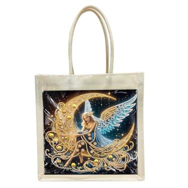 Imagem de DoxQcs Kit de sacola de pintura de arte de diamante, bolsas de ombro 5D DIY bolsas de compras reutilizáveis com alças para mulheres - anjo da lua