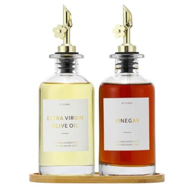 Imagem de HOMCDALY Dispensador de azeite de oliva para cozinha, garrafas dispensadoras de vidro de 335 ml com despejador para cozinha, conjunto de dispensadores de óleo e vinagre, garrafa de óleo à prova de