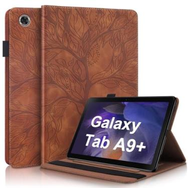 Imagem de TIPOYOROO Capa para Samsung Galaxy Tab A9 Plus 2023, capa de couro PU leve com suporte dobrável com faixa elástica e suporte de cartão para tablet Galaxy Tab A9 + marrom