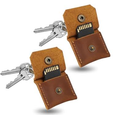 Imagem de Jack&Chris Chaveiro de couro genuíno com porta-cartão SD, antichoque, antipoeira, acessórios de câmera portáteis para cartões SD CF CFexpress Micro SD Nano SIM e Micro SIM, marrom escuro, pacote com 2