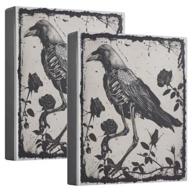 Imagem de Fichário gótico com 3 anéis, rosas, corvo esqueleto, 3 cm, tamanho carta, preto, capa dura decorativa, com 3 bolsos internos, organizador gótico para casa, escola, material de escritório