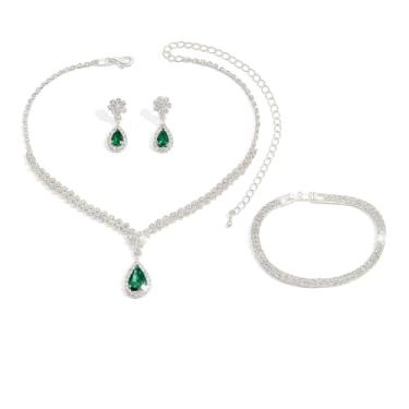 Imagem de Conjunto Feminino Colar Brinco Pulseira Gota Zircônia Cúbica Prata Verde Esmeraldo - Noiva Madrinha Casamento Festa Formatura Debutante - Presente Mãe Namorada Amiga - Clássico Delicado Elegante (Verde Esmeralda)