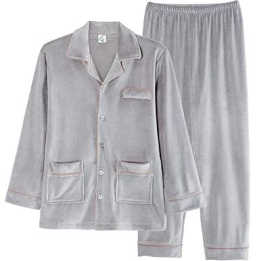 Imagem de ifgswopq Conjunto de pijama masculino de flanela macia para inverno, conjunto de roupa de dormir grosso de manga comprida com botões casual masculino (98671 X)