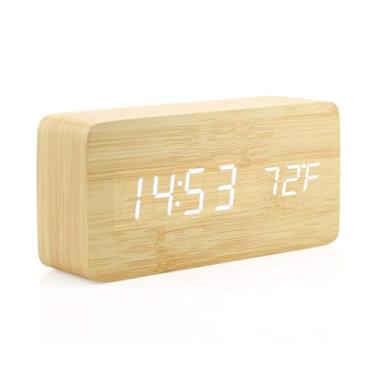 Imagem de Relógio Despertador Digital de Madeira com LED – Alarme Triplo, Temperatura, Umidade, Brilho Automático – USB ou Pilha