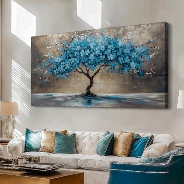 Imagem de selatala Arte de parede grande árvore da vida 50,8 cm x 101,2 cm, decoração de parede em tela com flores desabrochando azul-petróleo, árvore de natureza, pintura abstrata, imagem texturizada, moderna