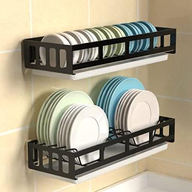 Imagem de Escorredor de louça de aço inoxidável montado na parede de cozinha com bandeja de drenagem, prateleira de armazenamento de cozinha, escorredor de pratos de 2 níveis, para prato/tigela/copo/colher