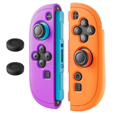 Imagem de FANPL Capa de silicone para controle Joycon Nintendo Switch 2, capa protetora macia com 2 alças de polegar, design ergonômico confortável e fácil instalação - Versão espessa (neon roxo-laranja)