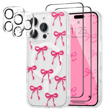 Imagem de UEEBAI Capa magnética para iPhone 15 Pro, capa de arco compatível com MagSafe, pacote com 2 [protetor de tela + protetor de lente da câmera], capa protetora transparente sem fio fina para mulheres e