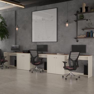 Imagem de Conjunto De Escritório 5 Peças Tech Office 3 Mesas E 2 Apara - Off White E Cedro Off White E Cedro
