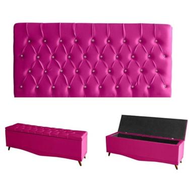 Imagem de Kit Estrela Cabeceira De Cama Painel E Calçadeira Baú Botão Cristal Casal 140 Cm Suede Rosa Pink Do Lar Móveis