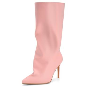 Imagem de Perisis Botas femininas despojadas cano médio pretas longas de puxar salto agulha bico fino botas de tubarão para mulheres sexy moda, Rosa Pu-Baby, 38