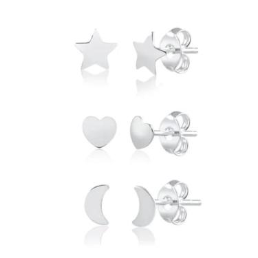 Imagem de Trio de Brincos Prata 925 Feminino – Estrela, Lua e Coração (3 Pares) | Hipoalergênicos, Delicados e Ideais para 2º/3º Furo
