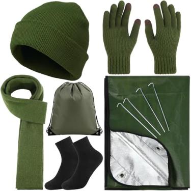 Imagem de Chicingyou Kit de acampamento de sobrevivência quente de inverno com 6 peças – gorro de tricô, luvas com tela sensível ao toque, cachecol, meias quentes, cobertor de emergência refletor de calor e