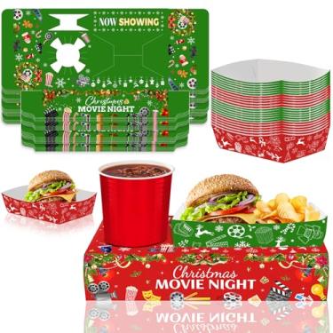 Imagem de 48 peças de suprimentos de festa noturna de filmes de Natal, 24 caixas de lanche e 24 bandejas pequenas de comida, bandejas descartáveis de lanche noturno, suporte de pipoca, comida, bebida, para
