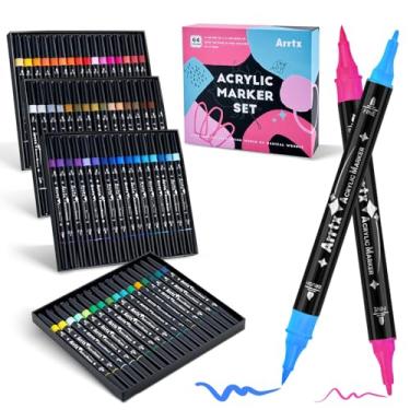 Imagem de Arrtx Marcadores de tinta acrílica 64 cores, canetas de tinta acrílica de ponta dupla com ponta fina e ponta de pincel, materiais de arte para pintura rupestre, madeira, cerâmica, tecido, vidro,