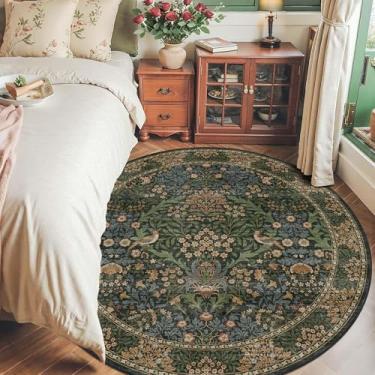 Imagem de DUIDY Tapetes redondos de 1,8 m para sala de estar, tapete circular floral lavável antiderrapante, tapete botânico vintage boho pássaros para fazenda, quarto, sala de jantar, ouro retrô / verde