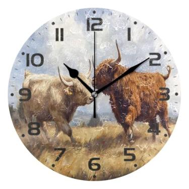 Imagem de JUZIHAI Relógio de parede Highland Cows Fighting, silencioso, sem tique-taque, redondo, operado por bateria, fácil de ler, relógio decorativo de parede para casa, cozinha, sala de estar, quarto