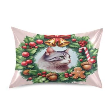 Imagem de Qilmy Fronhas de cetim de guirlanda de azevinho de Natal, fronha de seda respirável macia com fecho de envelope para sofá-cama, tamanho padrão 66 x 50 cm